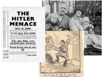 Three pictures: A photo of Egbert and Dorothy with two of their children, a leaflet entitled The Hitler Menace and a newspaper cartoon of Hitler